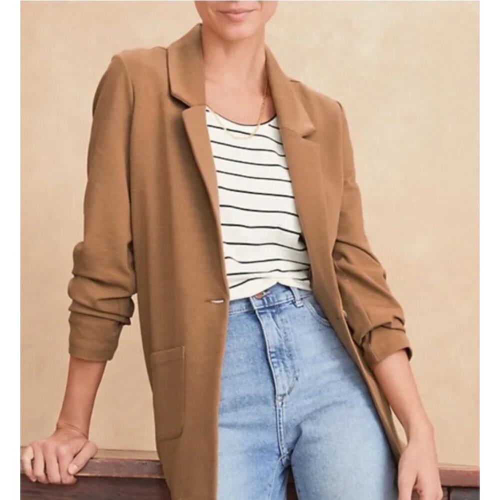 Garnet Hill Stretch Knit Relaxed Blazer in Praline Camel 18 Neutral Minimalist